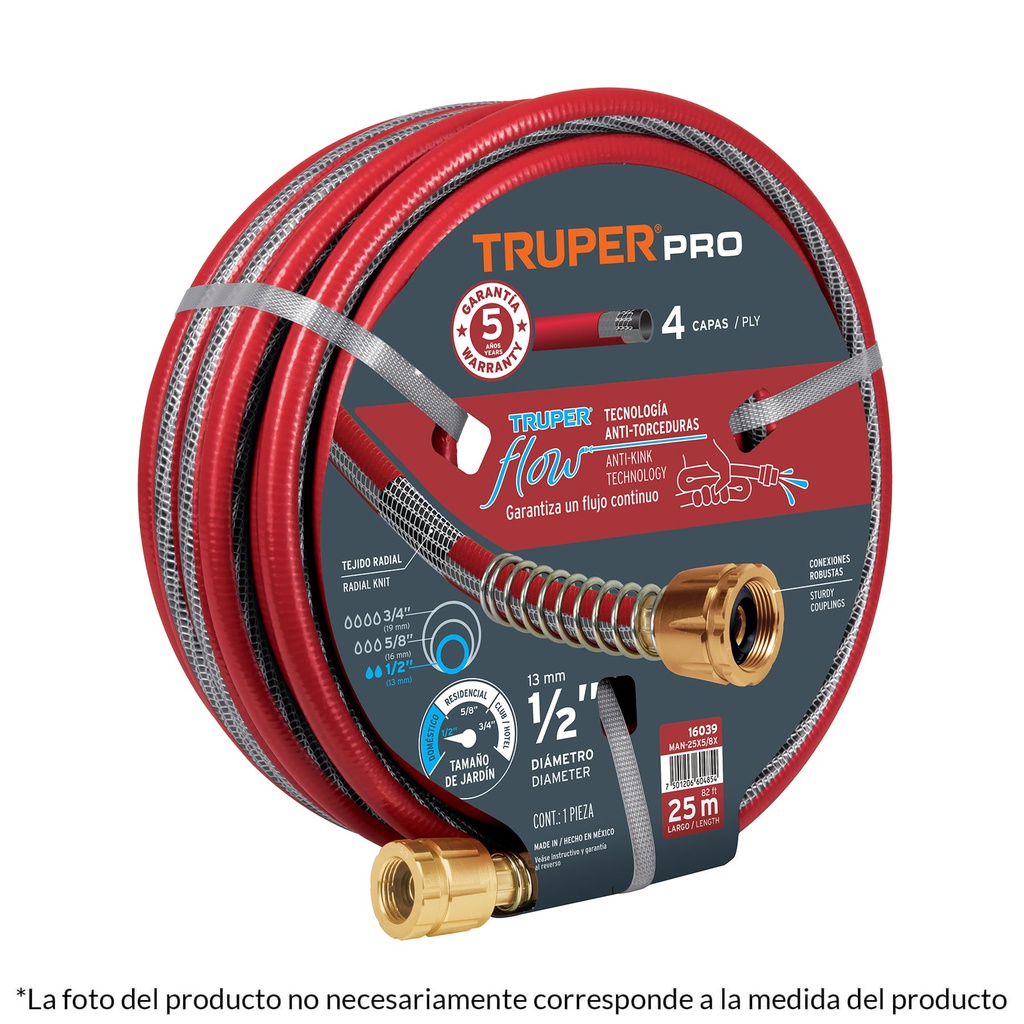 Manguera 1/2' super reforzada 4 capas 30 m conexiones metal