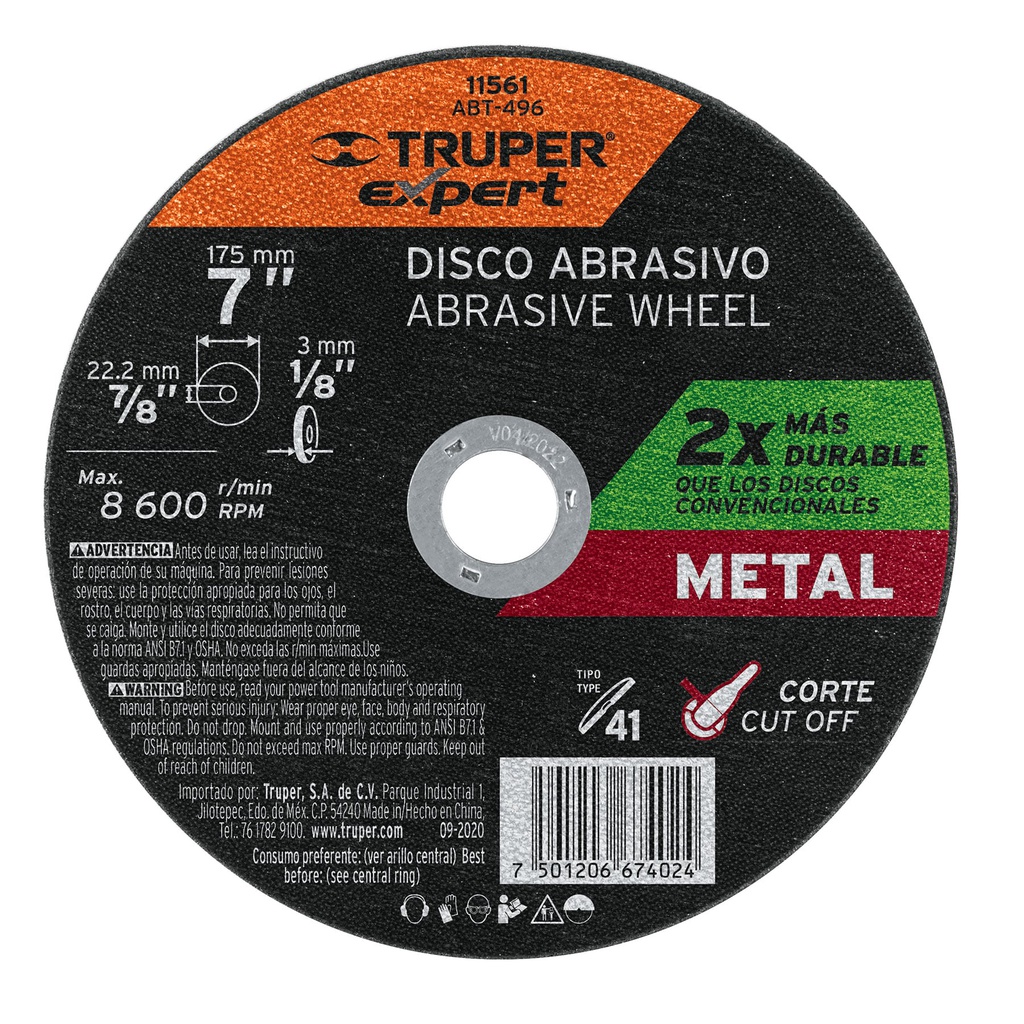Disco para corte de metal, tipo 41, diametro 7' Expert
