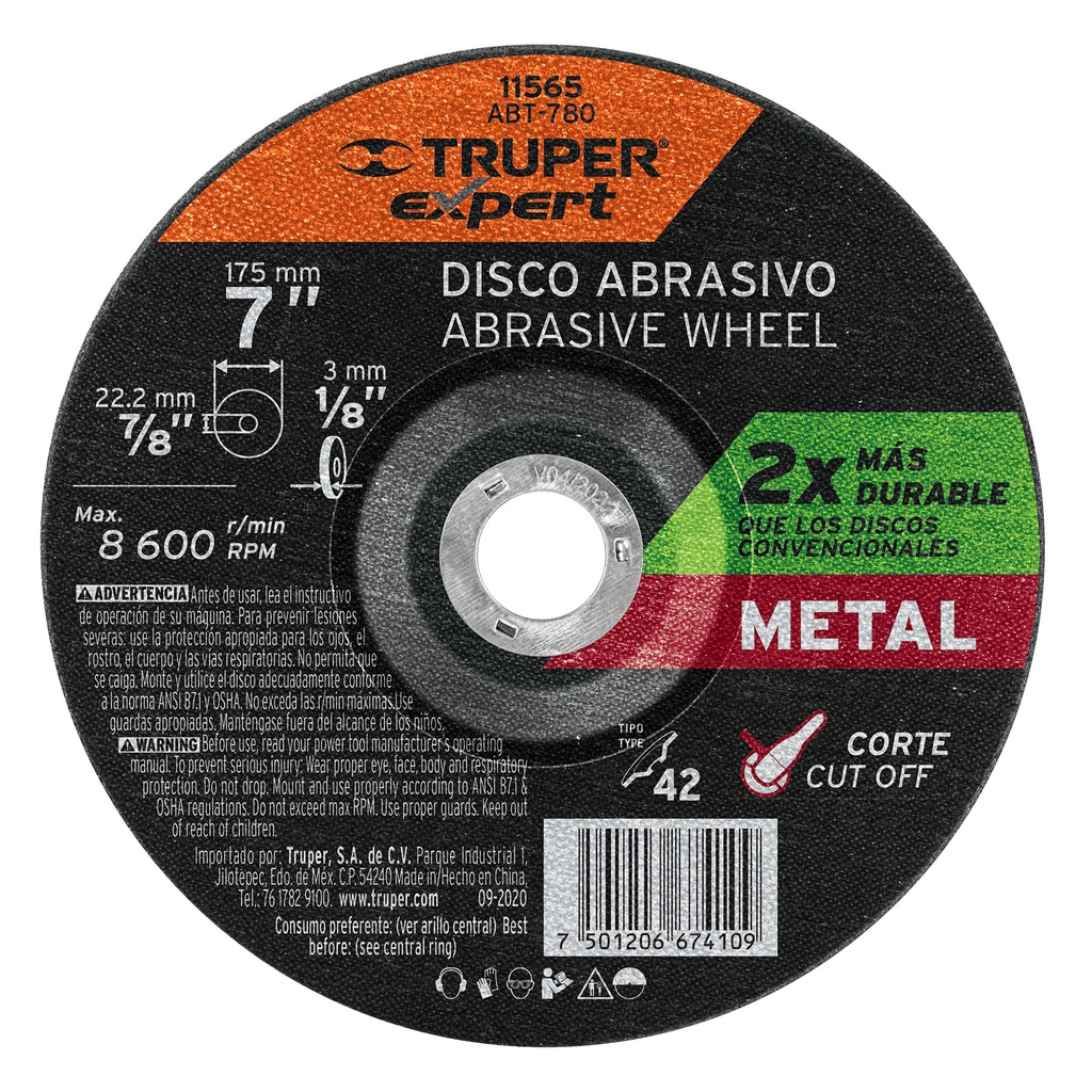 Disco Tipo 42 de 7' x 3.2 mm corte metal, Truper Expert