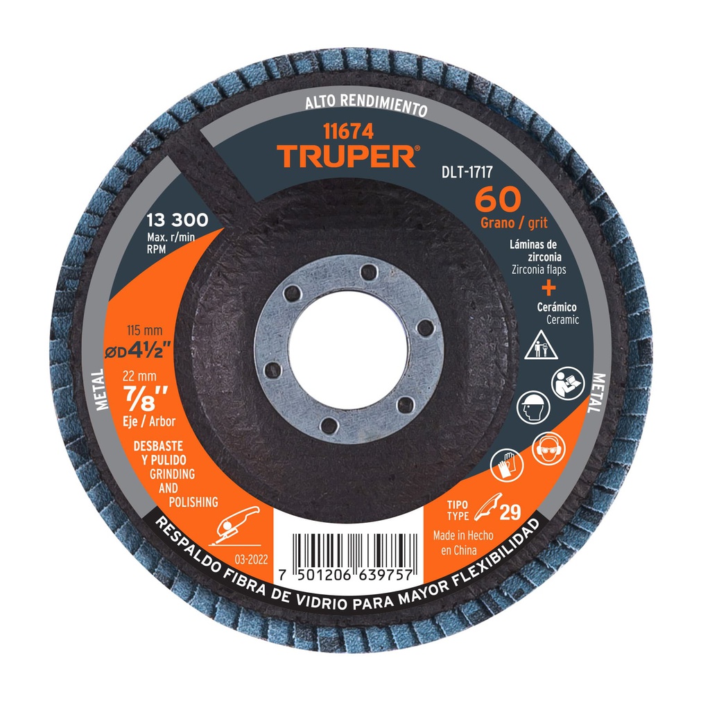 Disco 4-1/2' laminado grano 60 centro 7/8', Truper