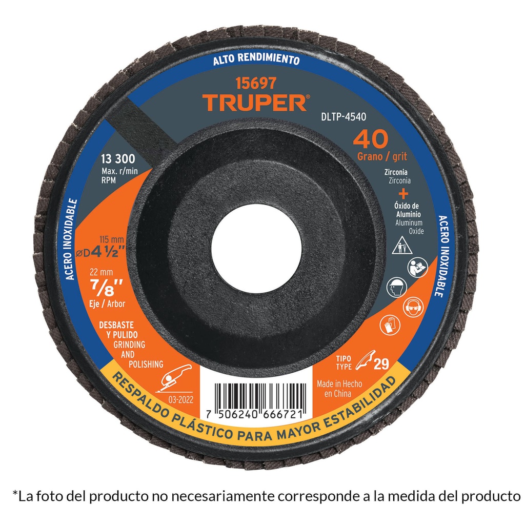 Disco 4-1/2' laminado respaldo plastico grano 60 centro 7/8'