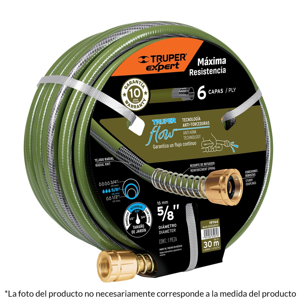 Manguera 5/8' anti-torceduras 6 capas 25m conexiones d/metal