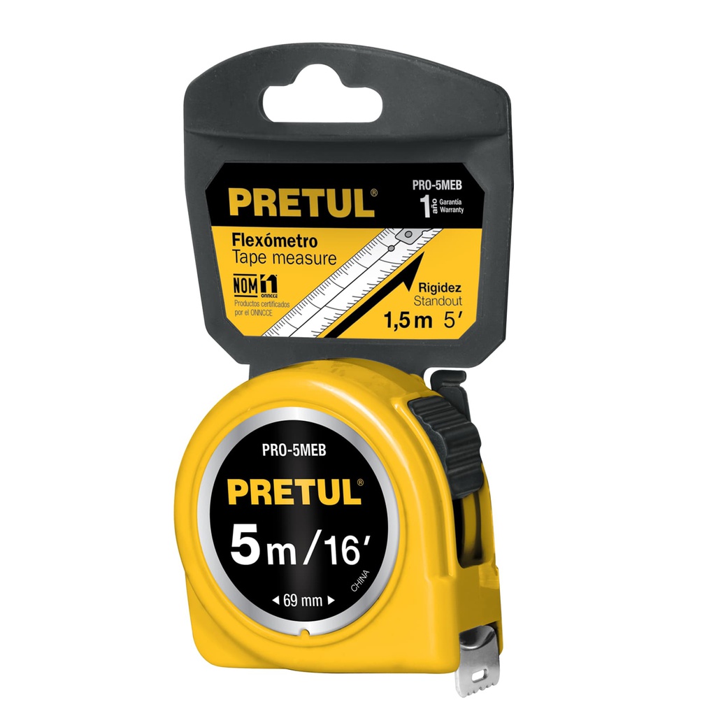 Flexometro amarillo 5 m cinta 19 mm, en tarjeta, Pretul