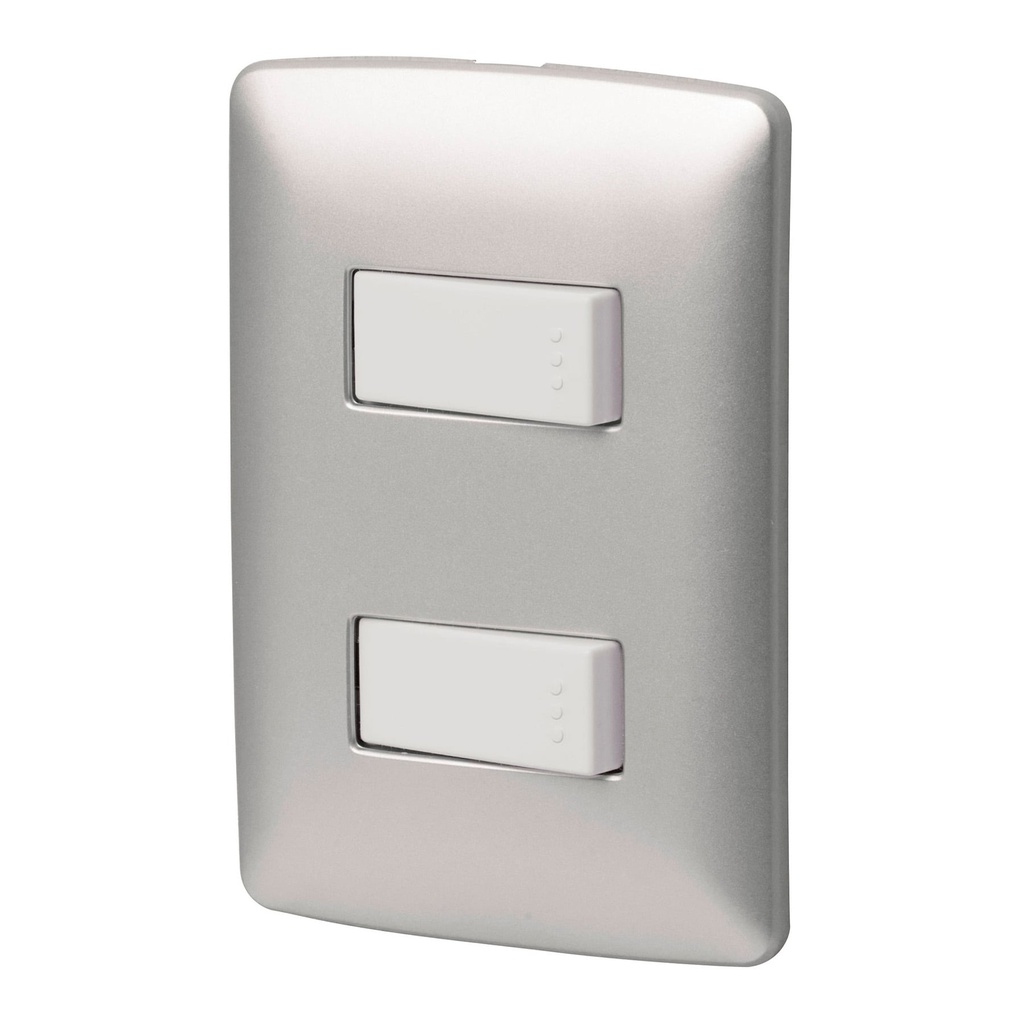 Placa armada 2 interruptores sencillos plata, linea Italiana