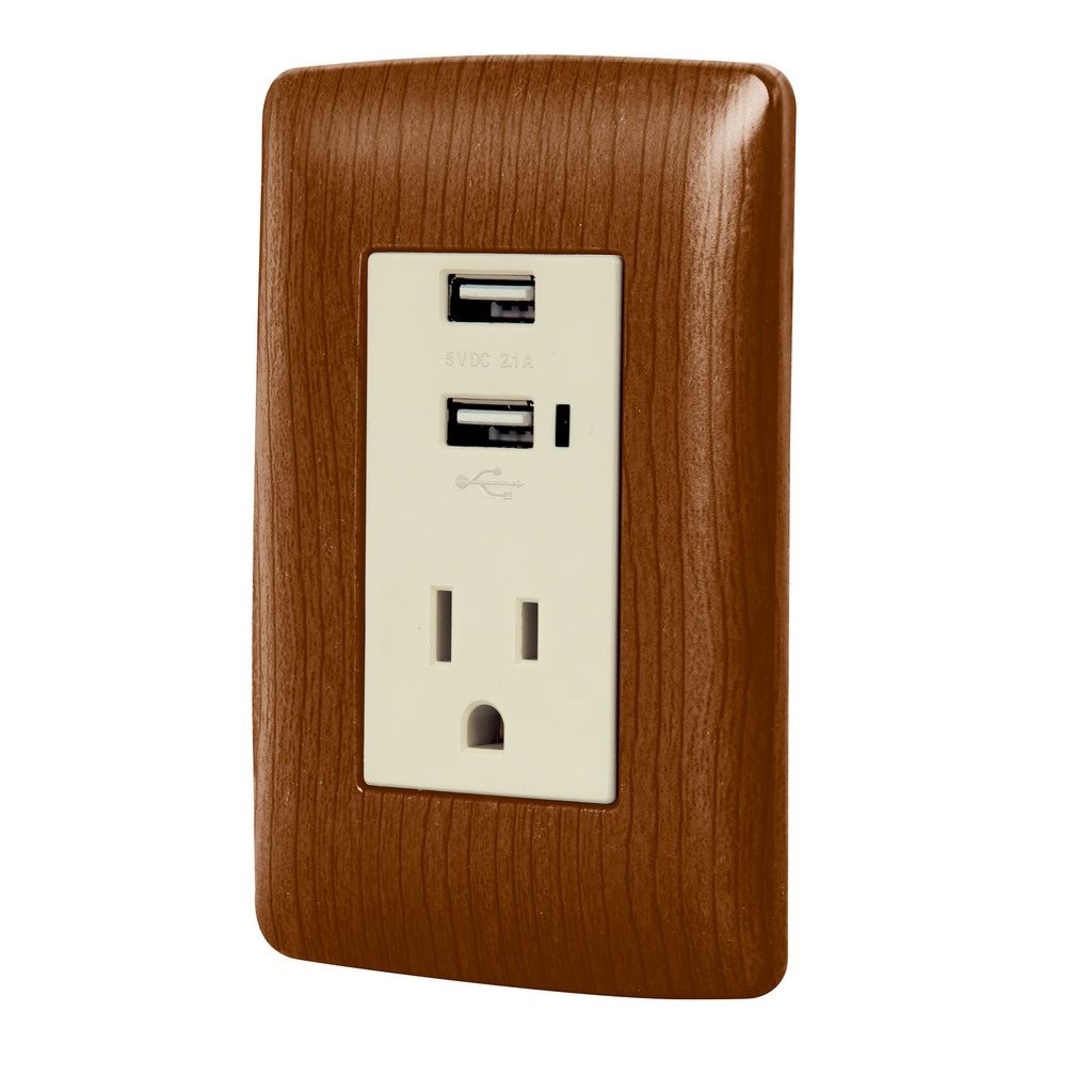 Contacto aterrizado + 2 puertos USB, madera, linea Italiana