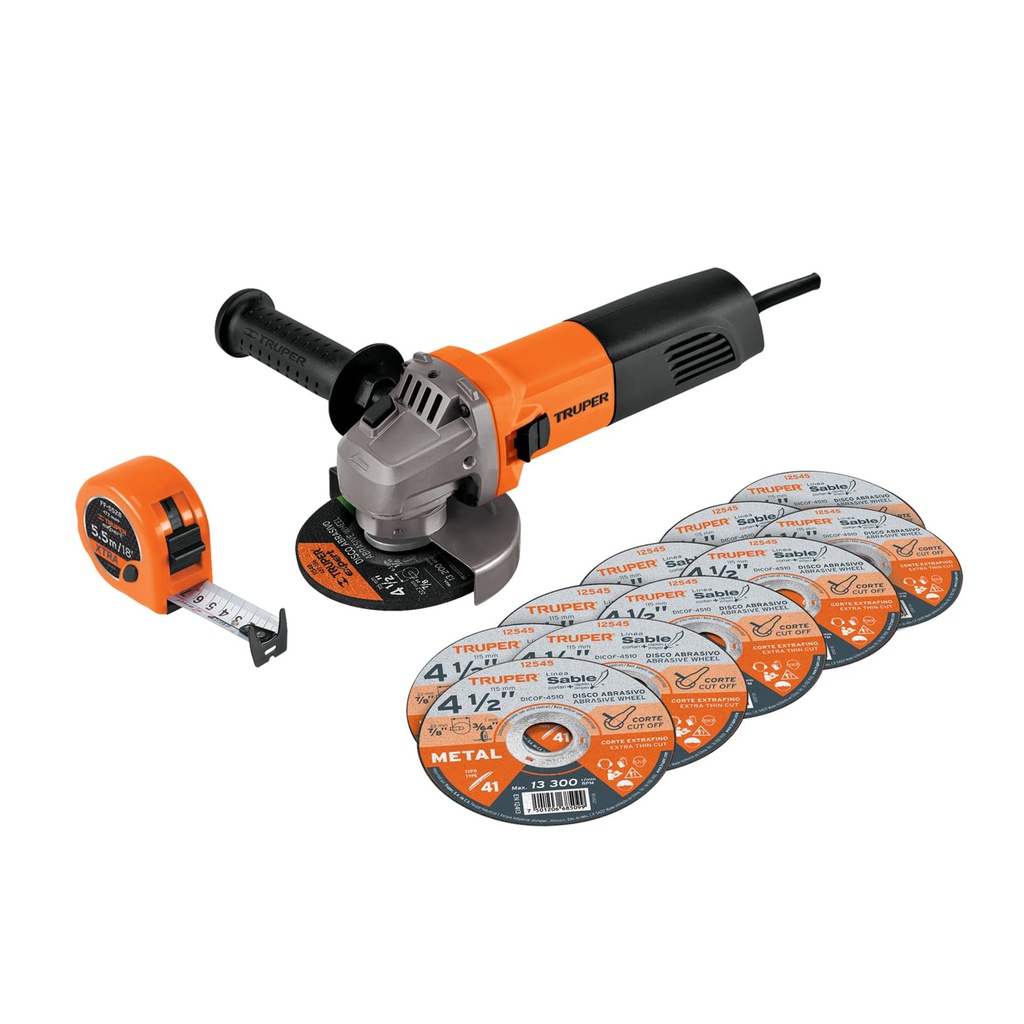 Esmeriladora 4-1/2' 700 W, 10 discos y flexometro, Truper