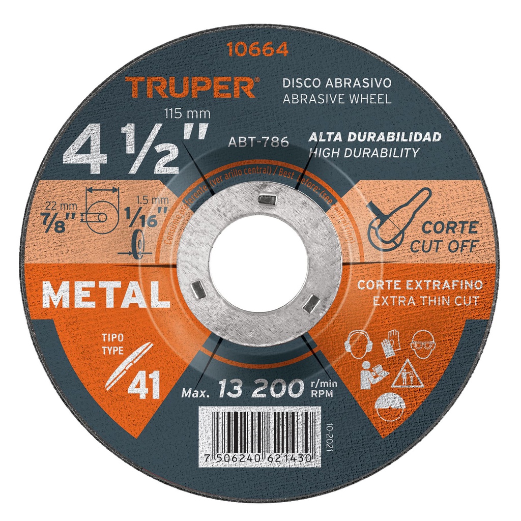 Disco de 4-1/2' para corte de metal, tipo 41, Truper