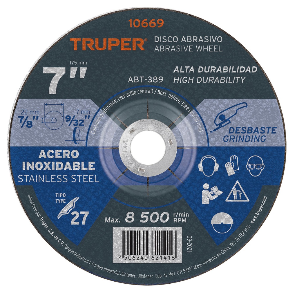 Disco Tipo 27 de 7' x 7.2 mm desbaste de acero inoxidable