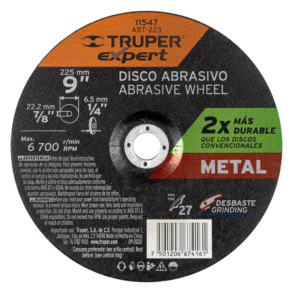 Disco Tipo 27 de 9' x 6.4 mm desbaste de metal, Expert