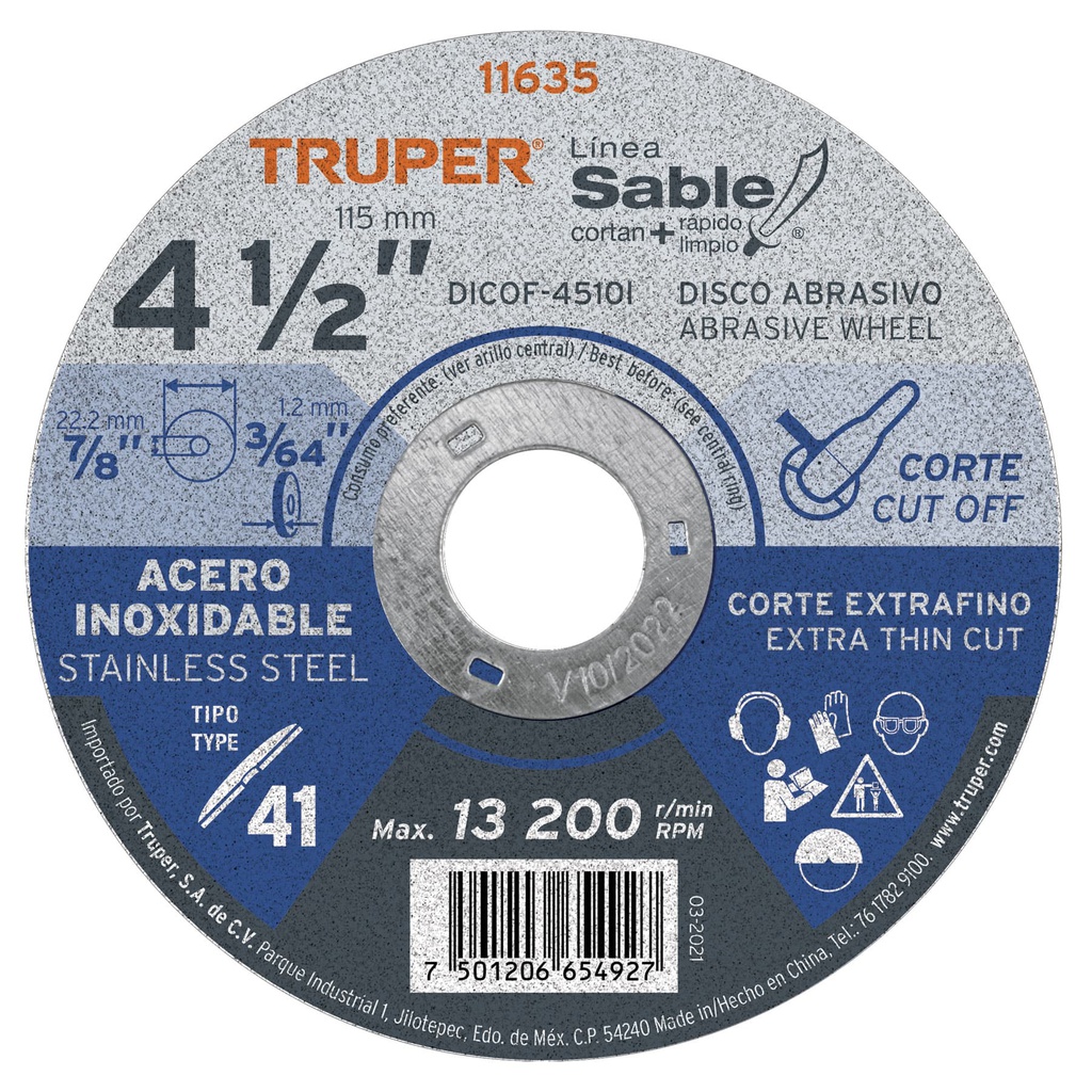 Disco Tipo 41 de 4-1/2' x 1 mm corte fino acero inox, Sable