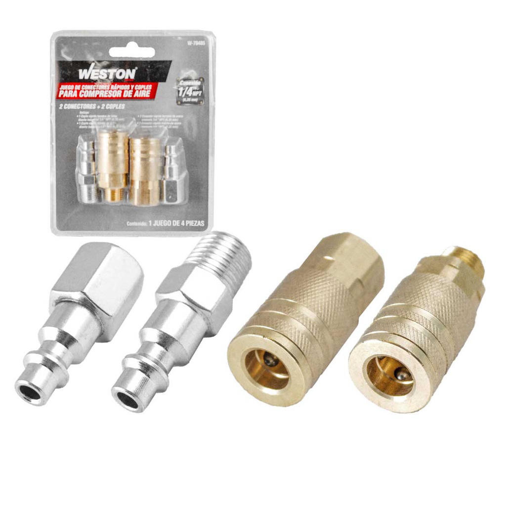 JUEGO DE 2 CONECTORES RAPIDOS Y 2 COPLES PARA COMPRESOR DE AIRE 1/4'' NPT