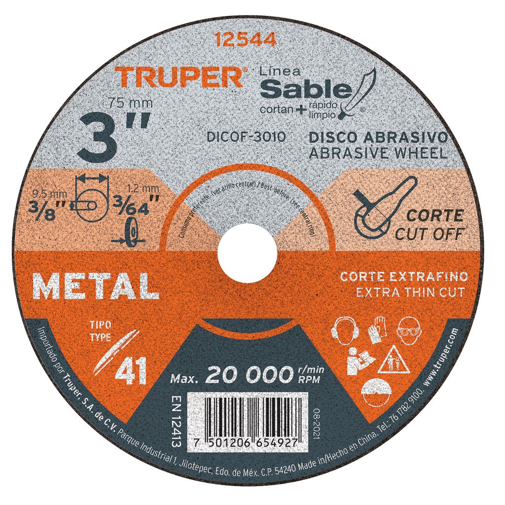 Disco Tipo 41 de 3' x 1 mm corte fino de metal, Sable