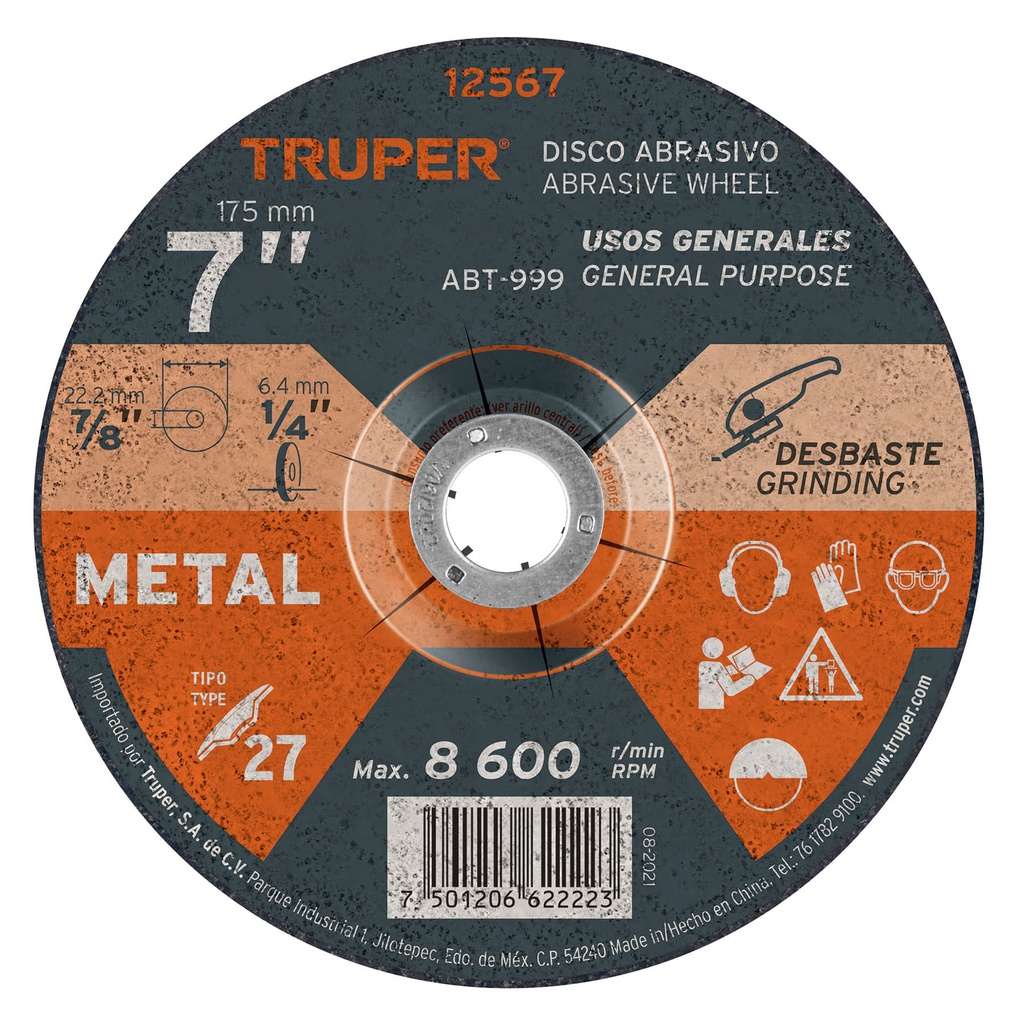 Disco Tipo 27 de 7' x 6.4 mm para desbaste de metal, Truper