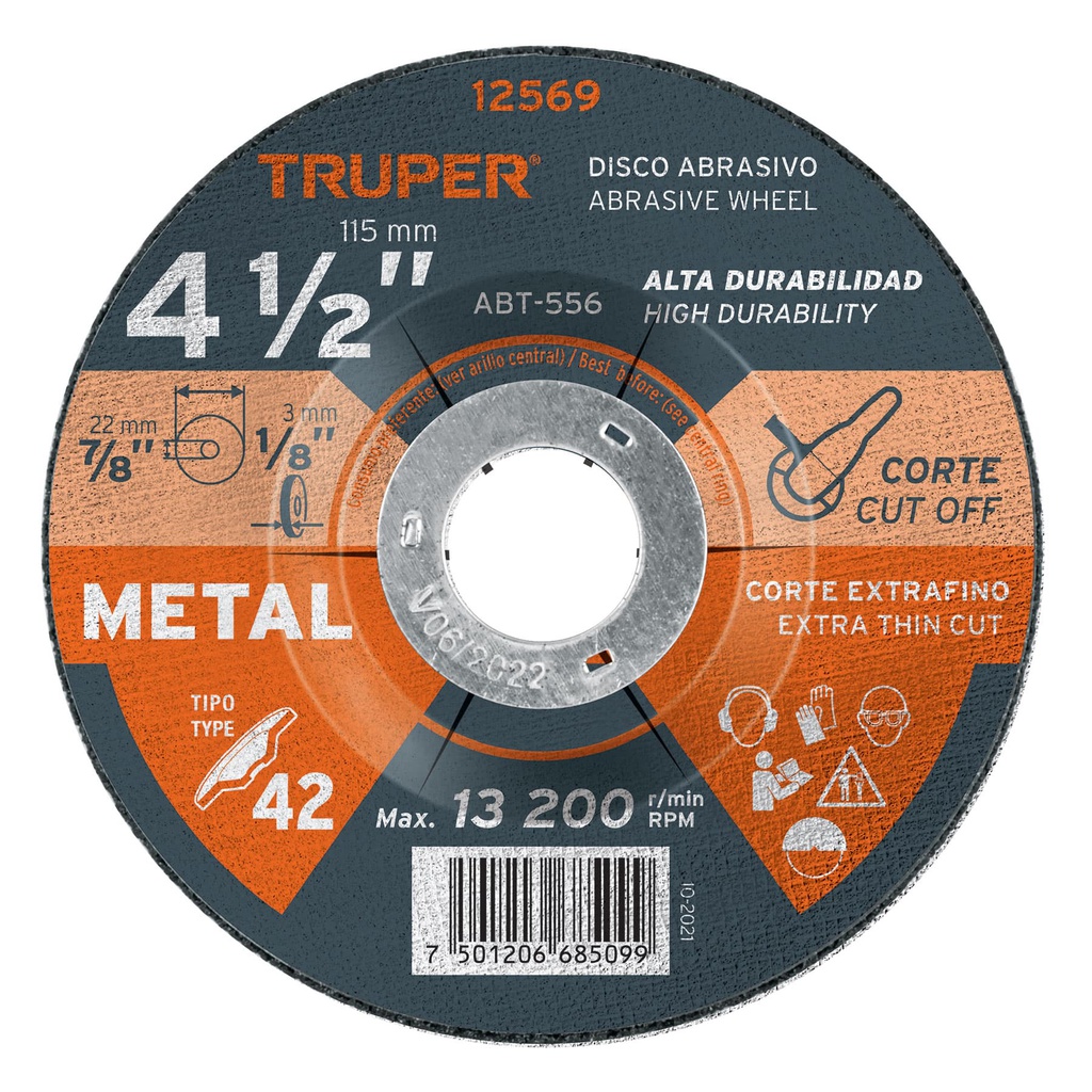 Disco Tipo 42 de 4-1/2' x 3.2 mm para corte de metal, Truper