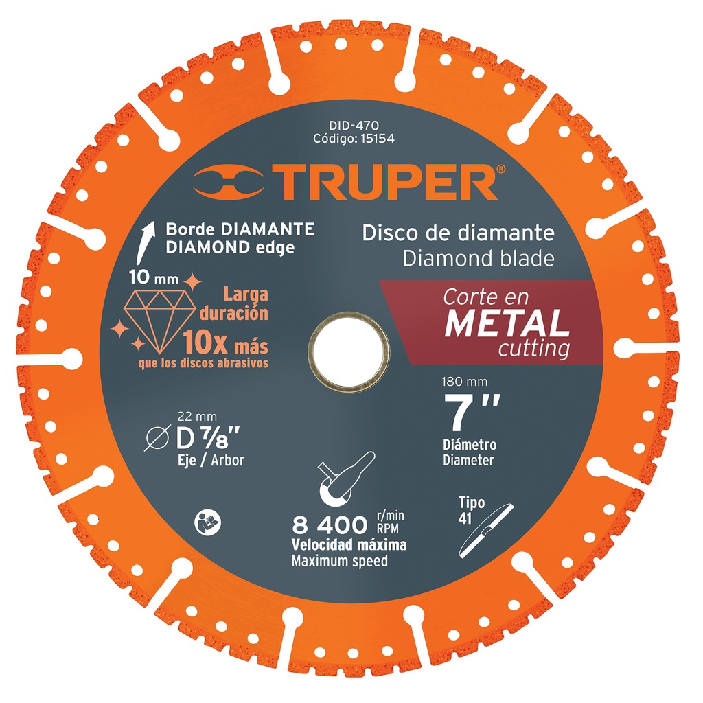 Disco de diamante de 7' x 1.6 mm para corte metal, Truper