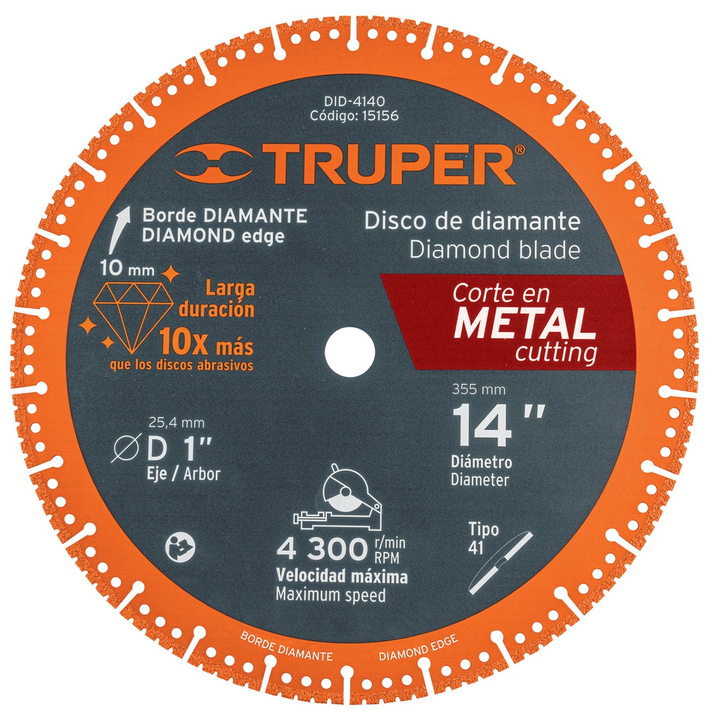 Disco de diamante de 14' x 2.6 mm para corte metal, Truper