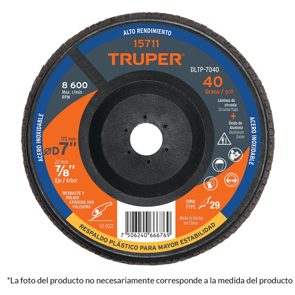 Disco 7' laminado respaldo plastico grano 80 centro 7/8'