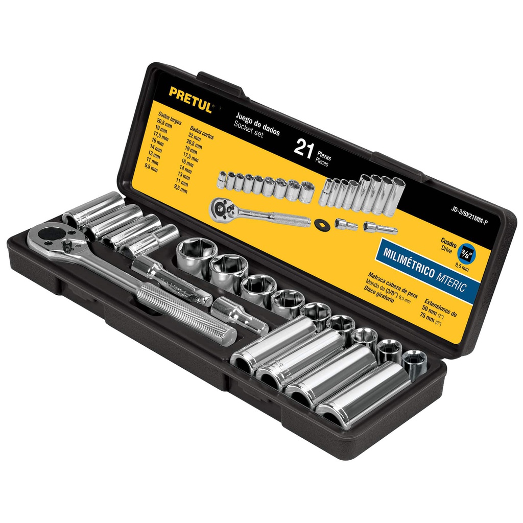 Juego de 21 herramientas 3/8' mm para mecanico, Pretul