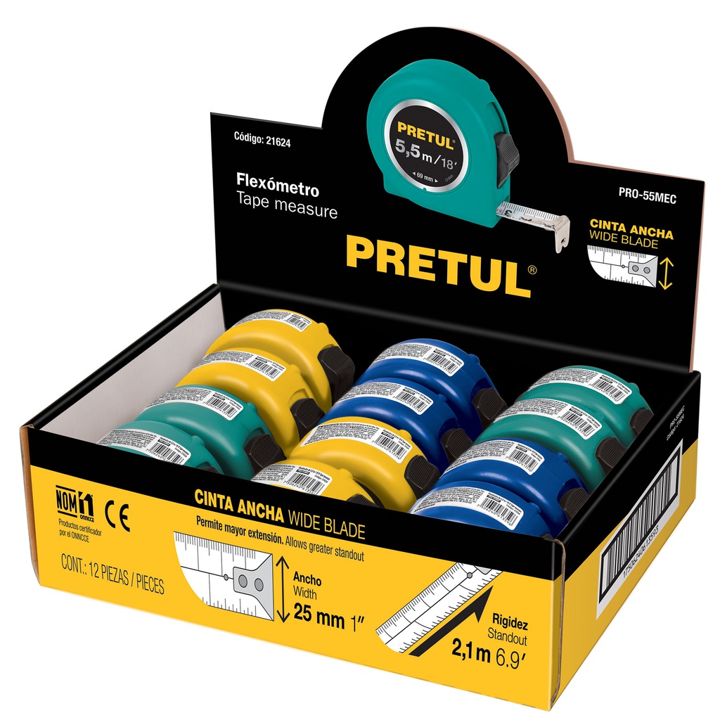 Flexometro 5.5 m cinta 25 mm, display box con 12 pz, Pretul