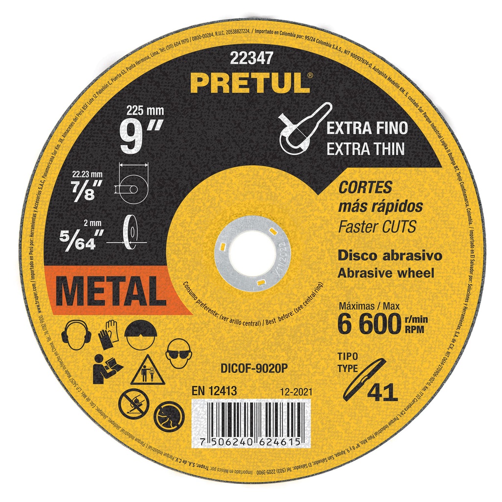 Disco Tipo 41 de 9' x 2 mm corte fino de metal, Pretul