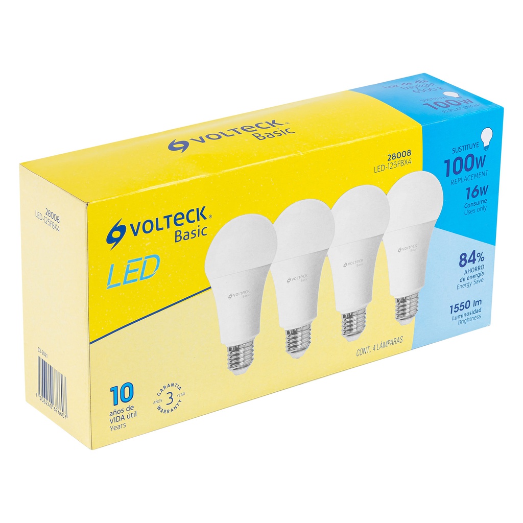 Pack de 4 lamparas LED A19 16 W (equiv. 100 W), luz de dia