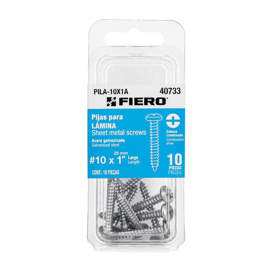 Blister con 10 pijas para lamina, #10 x 1', Fiero