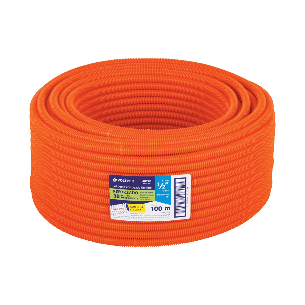 Metro de poliducto 1/2' corrugado flex. reforz. c/guia, 100m