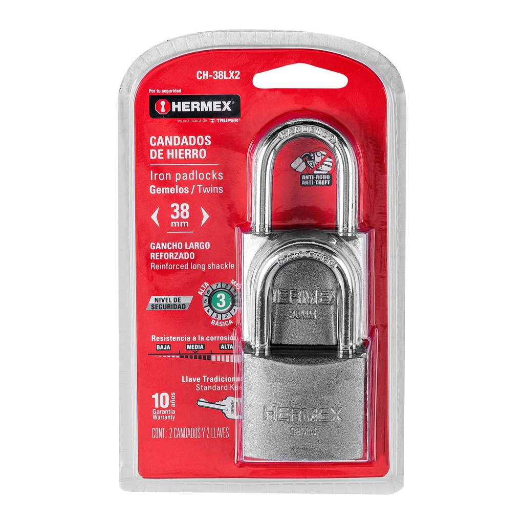 Blister con 2 candados de hierro de 38mm con gancho largo