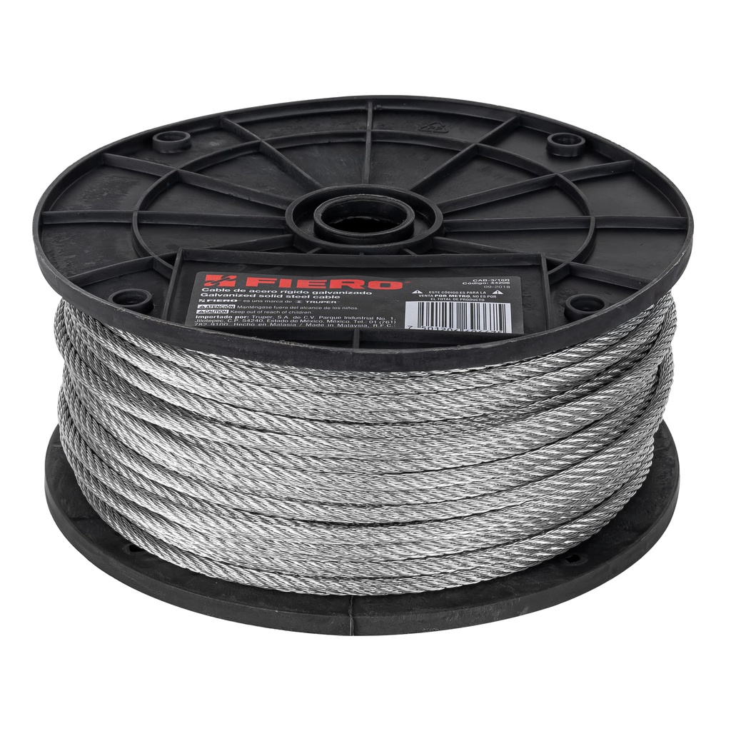 Metro de cable rigido 3/16' de acero 7x7 hilos, 75 m, Fiero