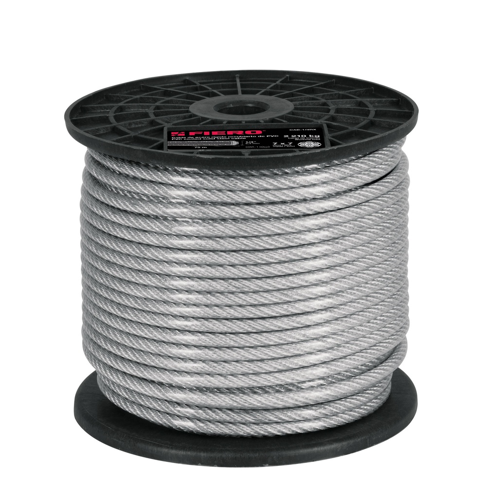 Metro de cable rigido 1/4' acero 7x7 recubierto PVC, 75 m