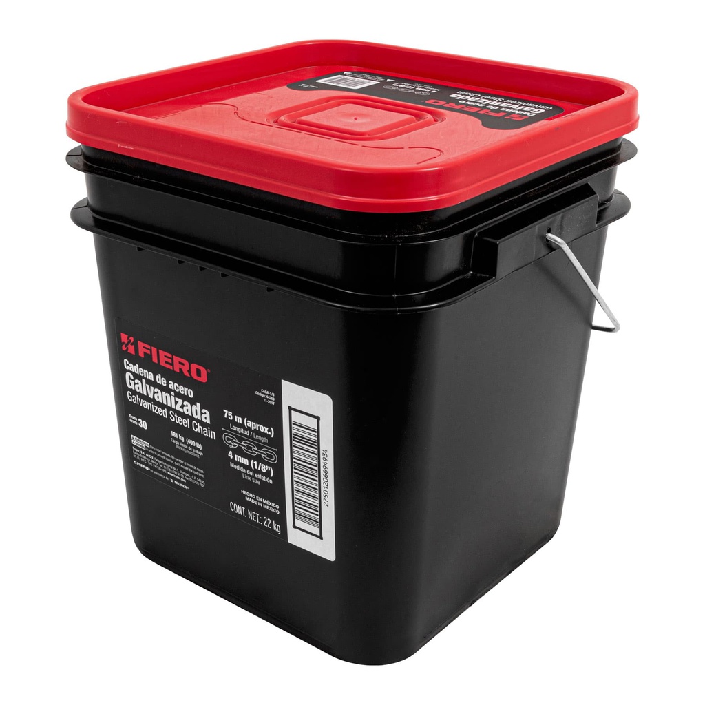Metro de cadena galvanizada de 1/8', 75 m en cubeta, Fiero