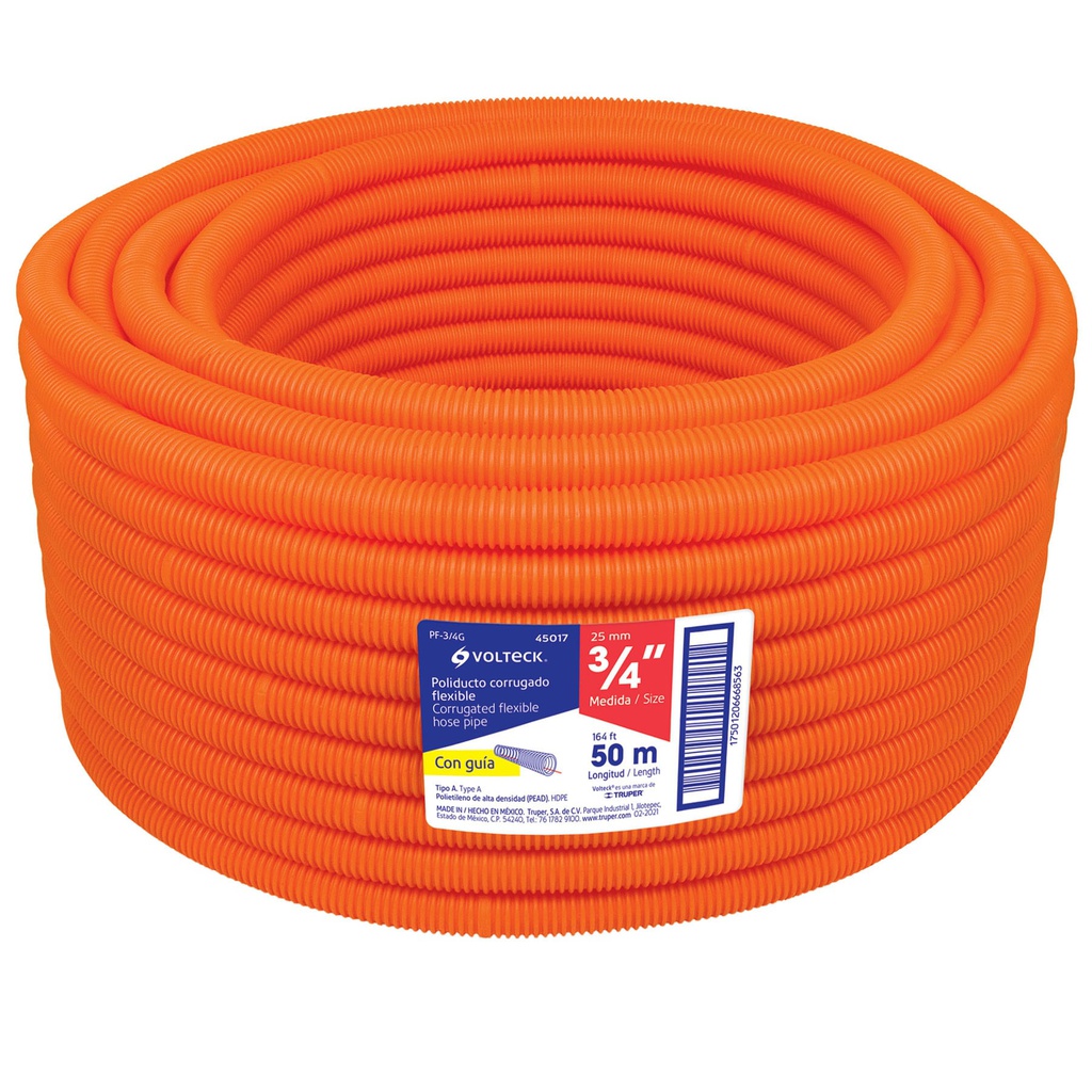 Metro de poliducto 3/4' corrugado flex. c/guia, rollo 50 m