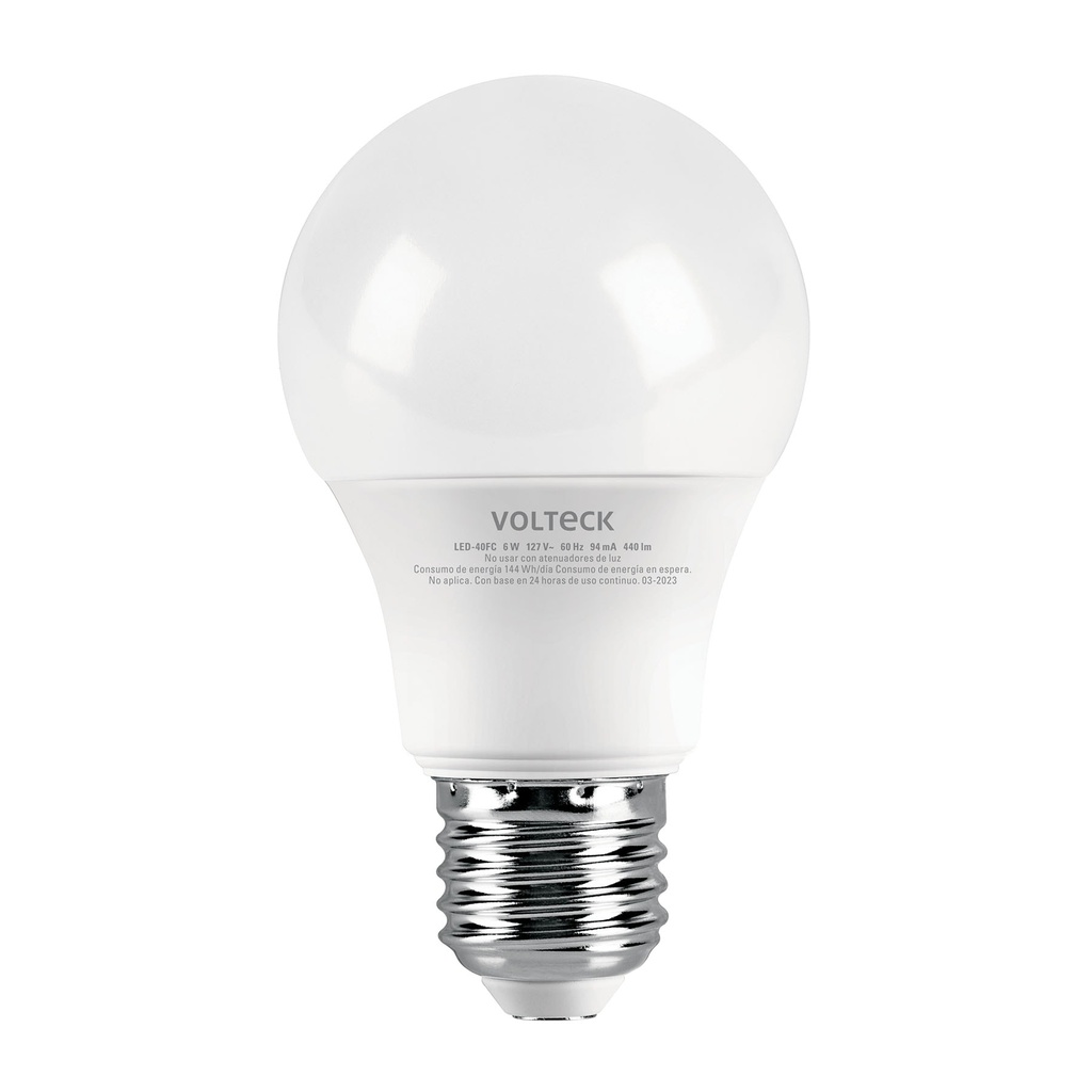 Lampara LED tipo bulbo A19 6 W luz de dia, caja, Volteck