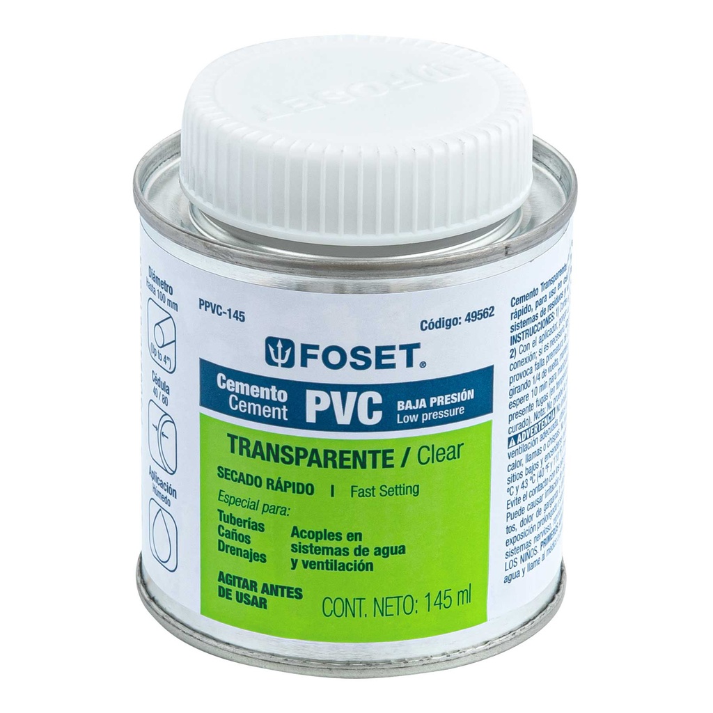 Cemento para PVC en bote de 145 ml, baja presion, Foset