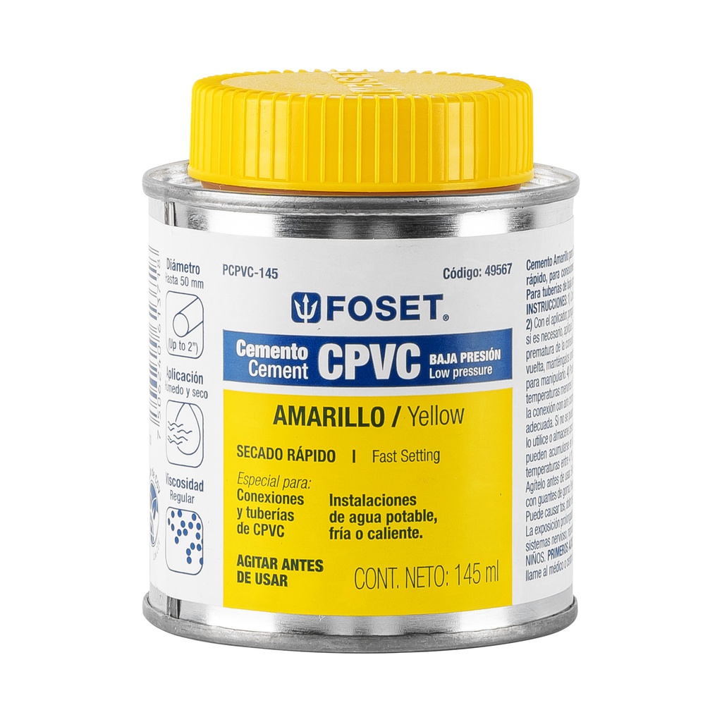 Cemento amarillo p/CPVC en bote de 145 ml,baja presion,Foset