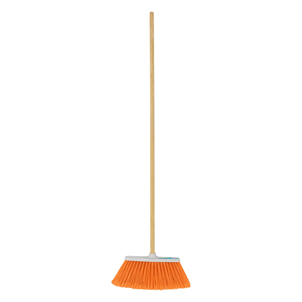 Escoba mediana tipo cepillo, cerdas de PVC, baston de madera