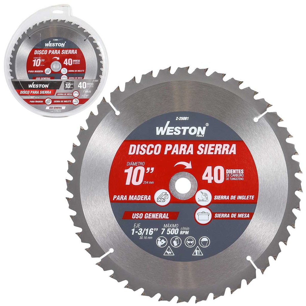 DISCO PARA SIERRA CIRCULAR P/MADERA 10'' X 1-3/16'' 40DT C/BUJES