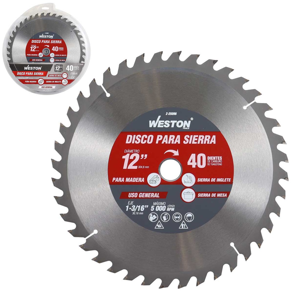 DISCO PARA SIERRA CIRCULAR P/MADERA 12'' X 1-3/16'' 40DT C/BUJES