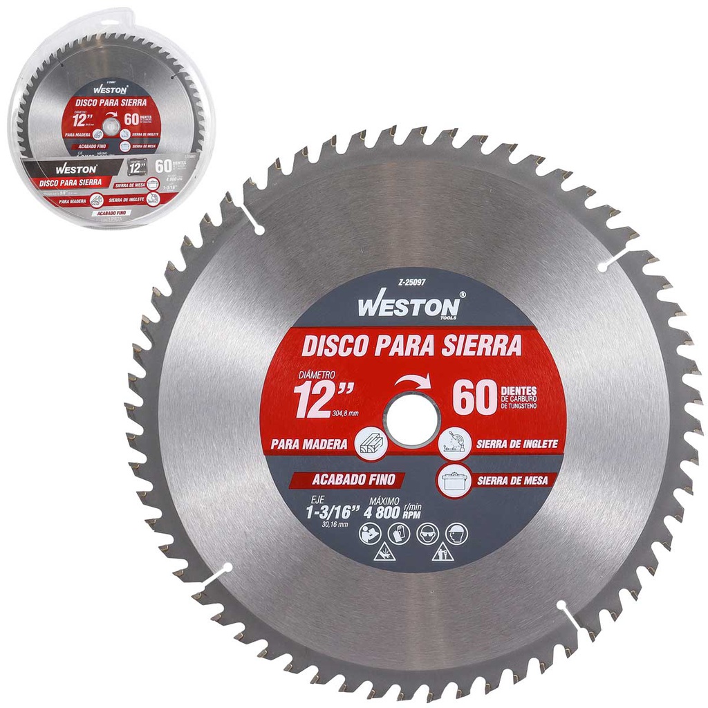 DISCO PARA SIERRA CIRCULAR P/MADERA 12'' X 1-3/16'' 60DT C/BUJES