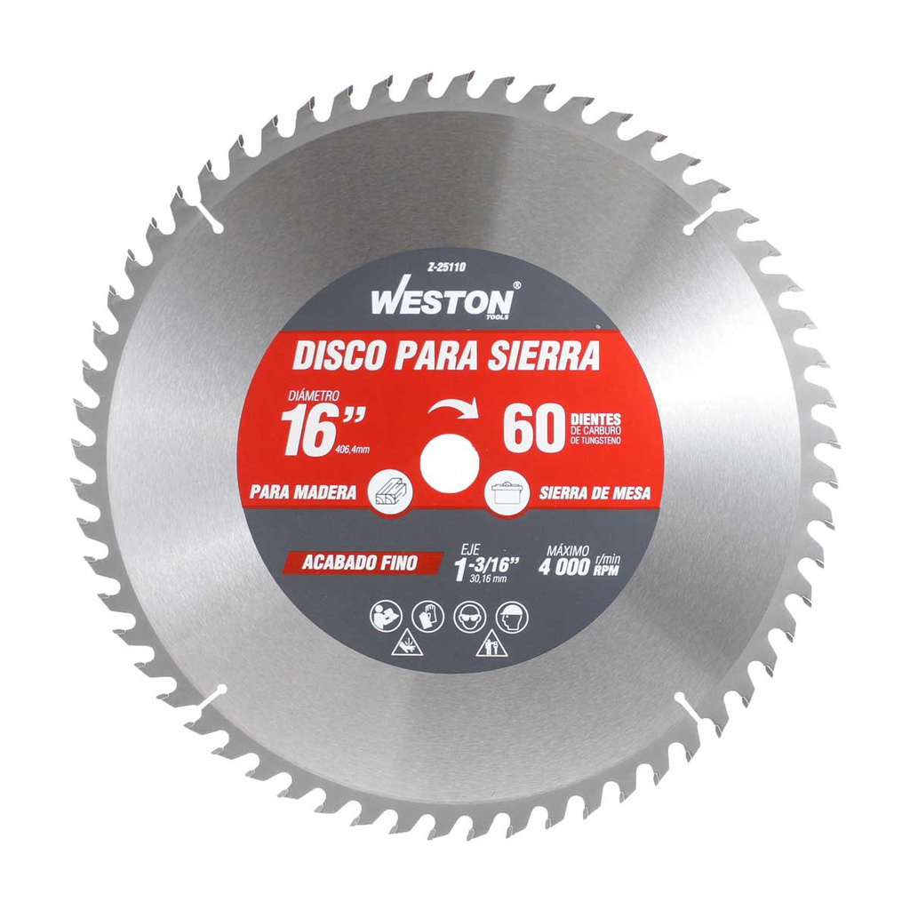 DISCO PARA SIERRA CIRCULAR P/MADERA 16'' X 1-3/16'' 60DT BUJE 25MM &amp; 1&quot;