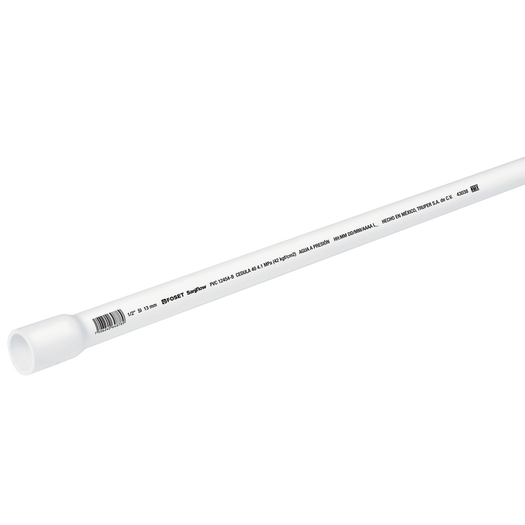 Tubo de 1/2' de PVC hidraulico cedula 40, de 3 m, Foset