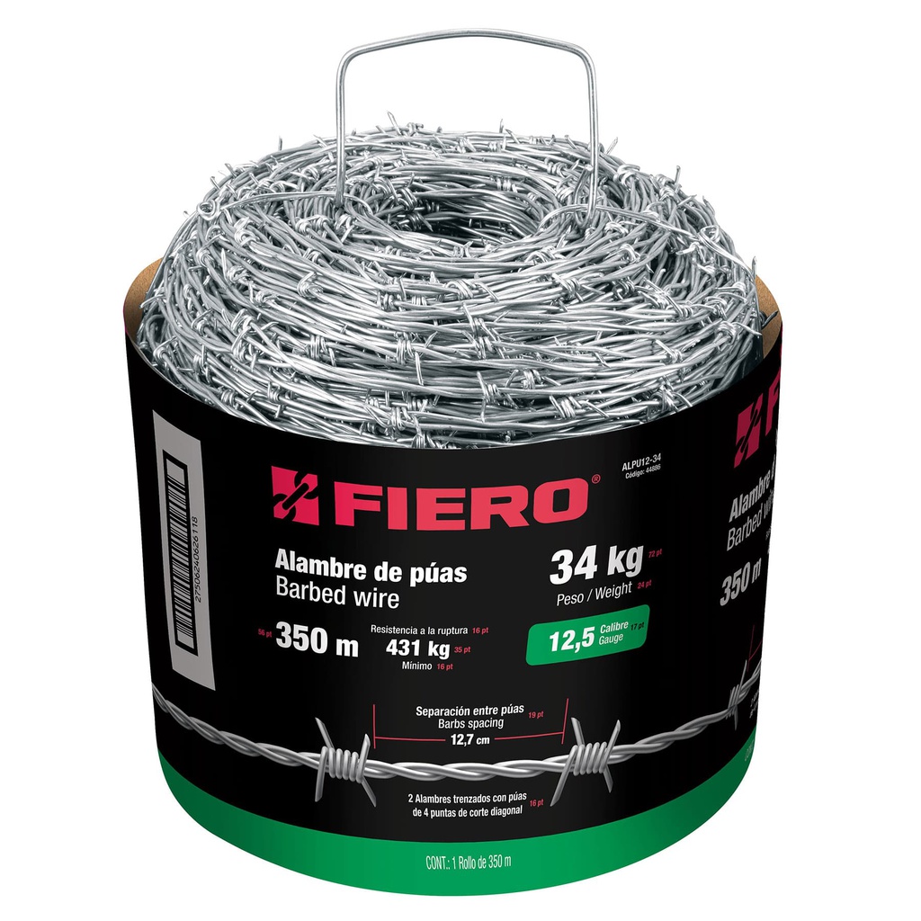 Rollo de alambre de puas de 350 m calibre 12.5, Fiero