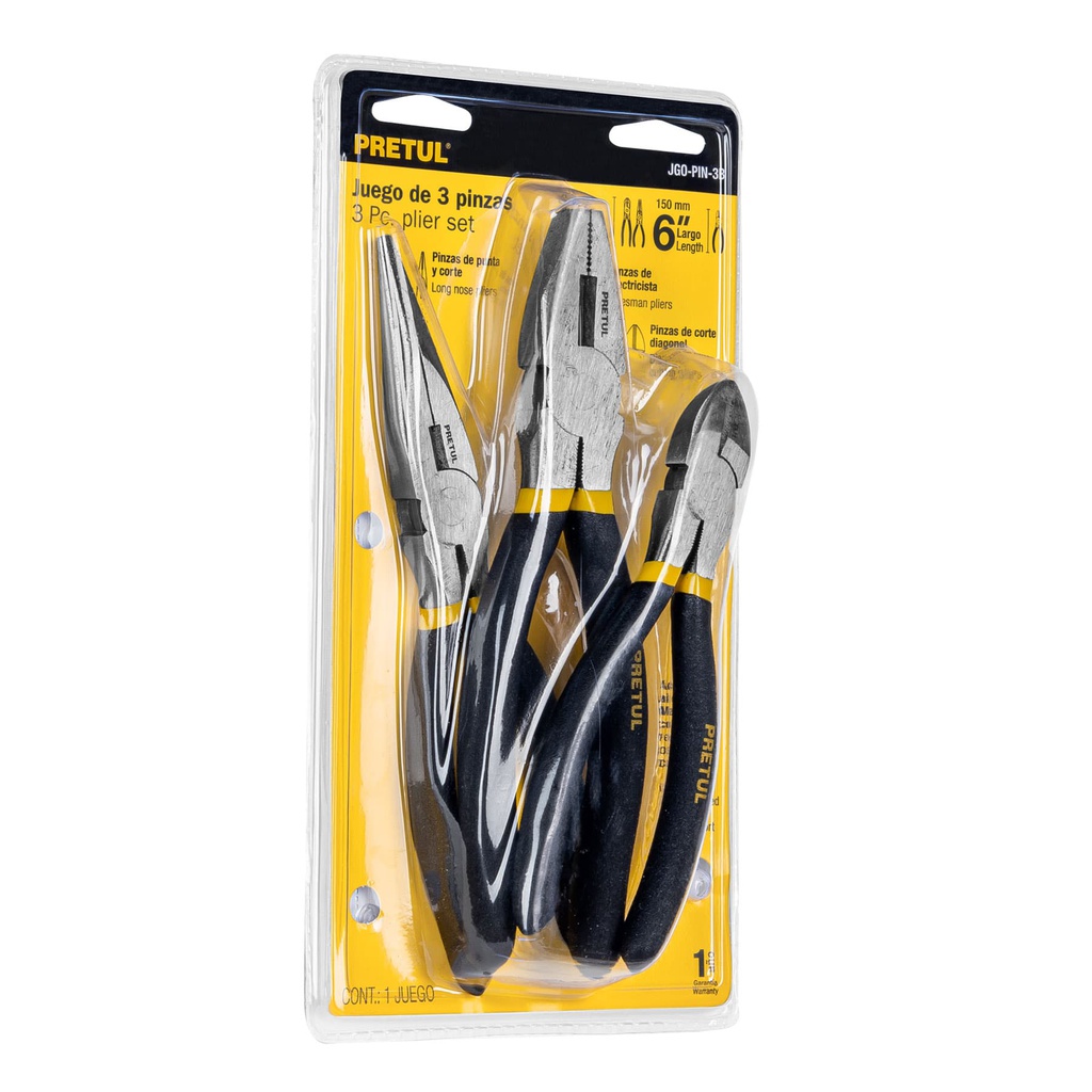 Juego de 3 pinzas, 2 de 6' y 1 de 8', mangos de PVC, Pretul