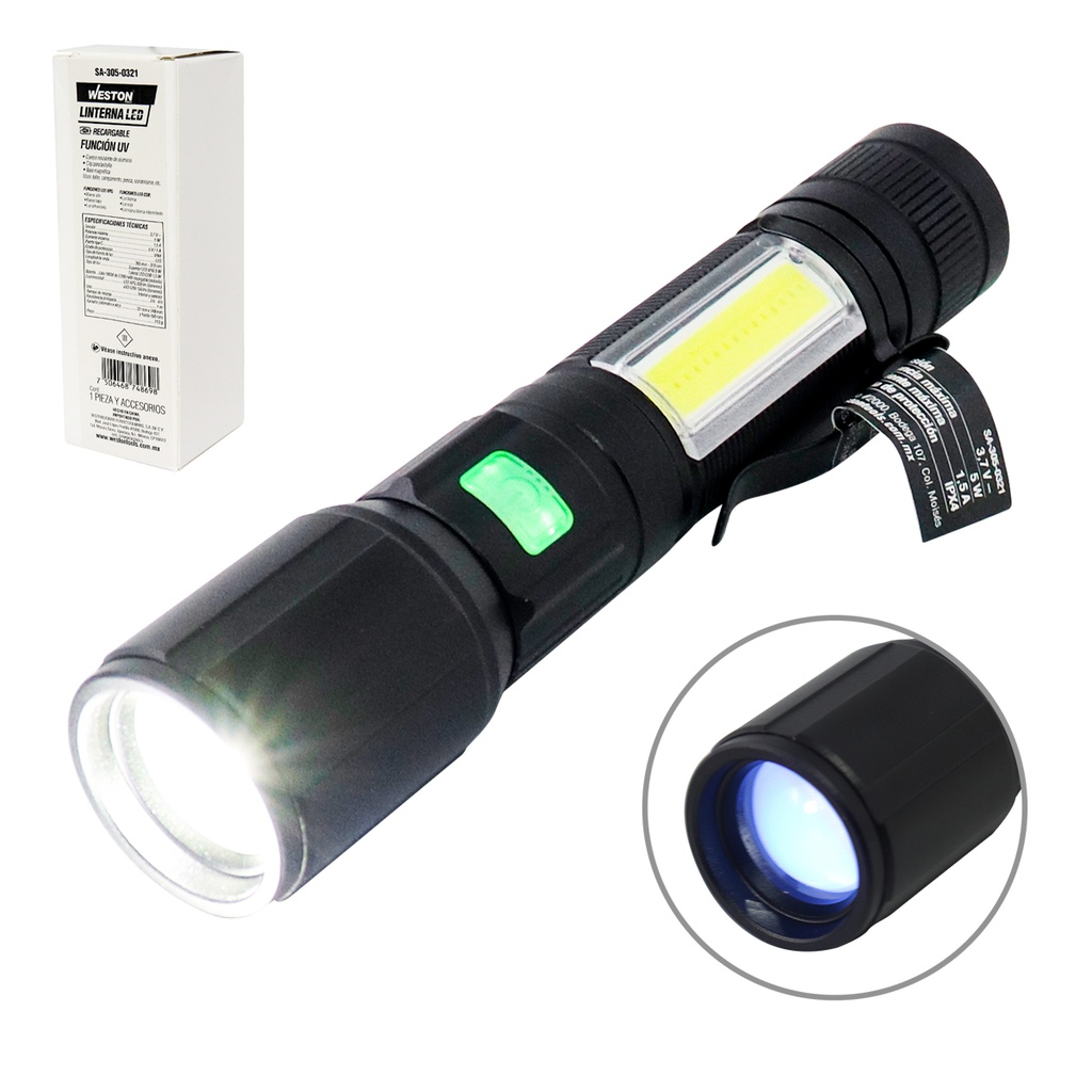 LINTERNA LED RECARGABLE USB CON COB, FUNCIÓN UV LONGITUD DE ONDA 365-370NM