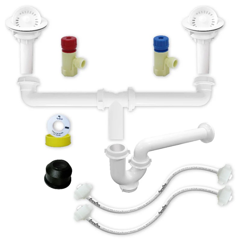 Kit De Instalacion Para Fregadero Con Doble Tarja, Cespo-Facil, Canastas Blancas, FF Polimax 1/2&quot; x 45 cms. (3130)