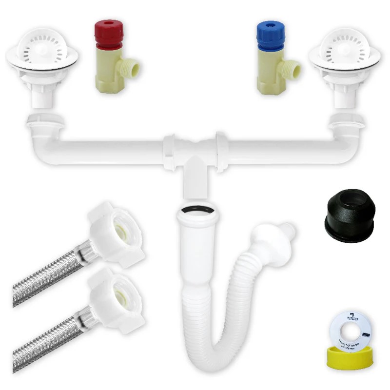 Kit De Instalacion Para Fregadero Con Doble Tarja, Cespopractick, Canastas Blancas, FF Premium 1/2&quot; x 55 cms. (3167)