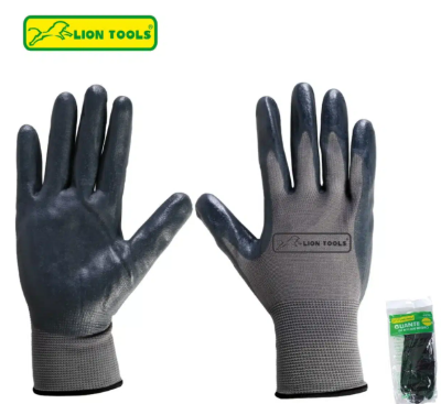 0860 GUANTES DE NYLON  NEGROS PALMA DE NITRO LION TOOLS T/G.