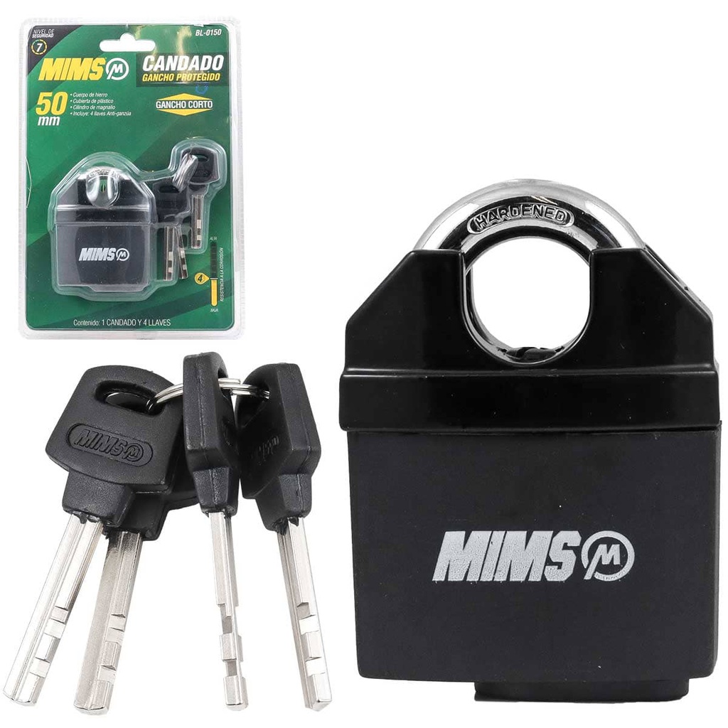CANDADO GANCHO PROTEG RECUB PLAST HIERRO 50MM 4 LLAVES ANTIGANZUA (CAJA C/6 PZAS - PRECIO X PIEZA)