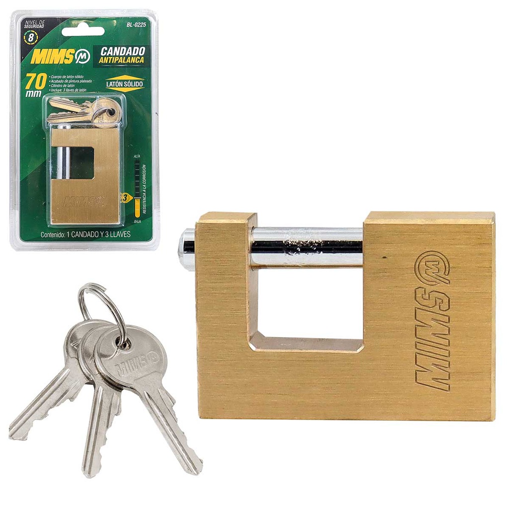 CANDADO ANTIPALANCA DE LATON SOLIDO 70MM C/3LLAVES (CAJA C/6 PZAS - PRECIO X PIEZA)