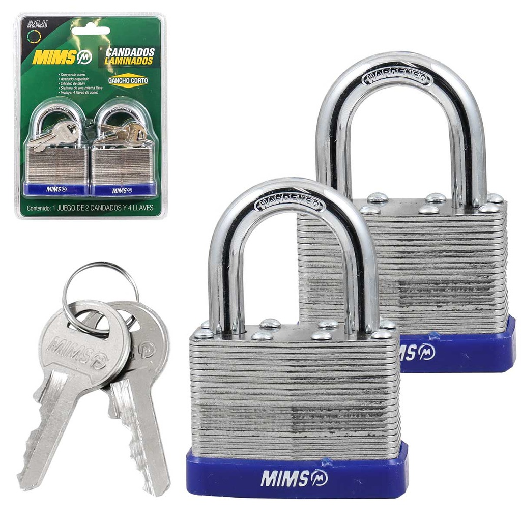 JUEGO  DE 2 CANDADOS DE ACERO CUERPO LAMINADO 50MM C/4 LLAVES (CAJA C/6 PZAS)